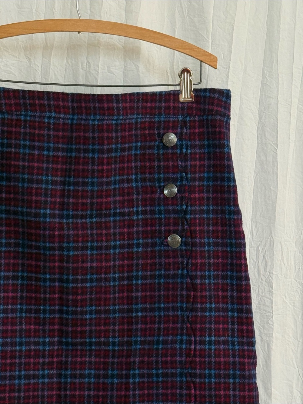 NWT Talbots Plaid Wool Blend Wrap Skirt 12 Purple Blue Scallop Button Preppy